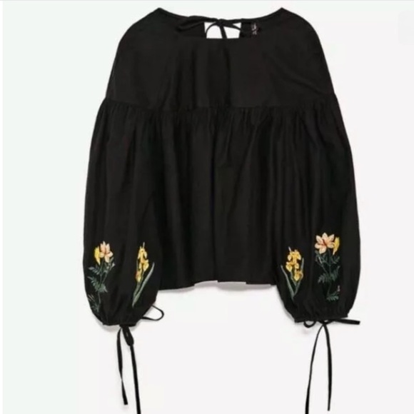 NWOT ZARA BLACK POPLIN BOHO TOP WITH FLORAL EMBROIDERED BOHO FRILLED SLEEVES - Picture 3 of 8